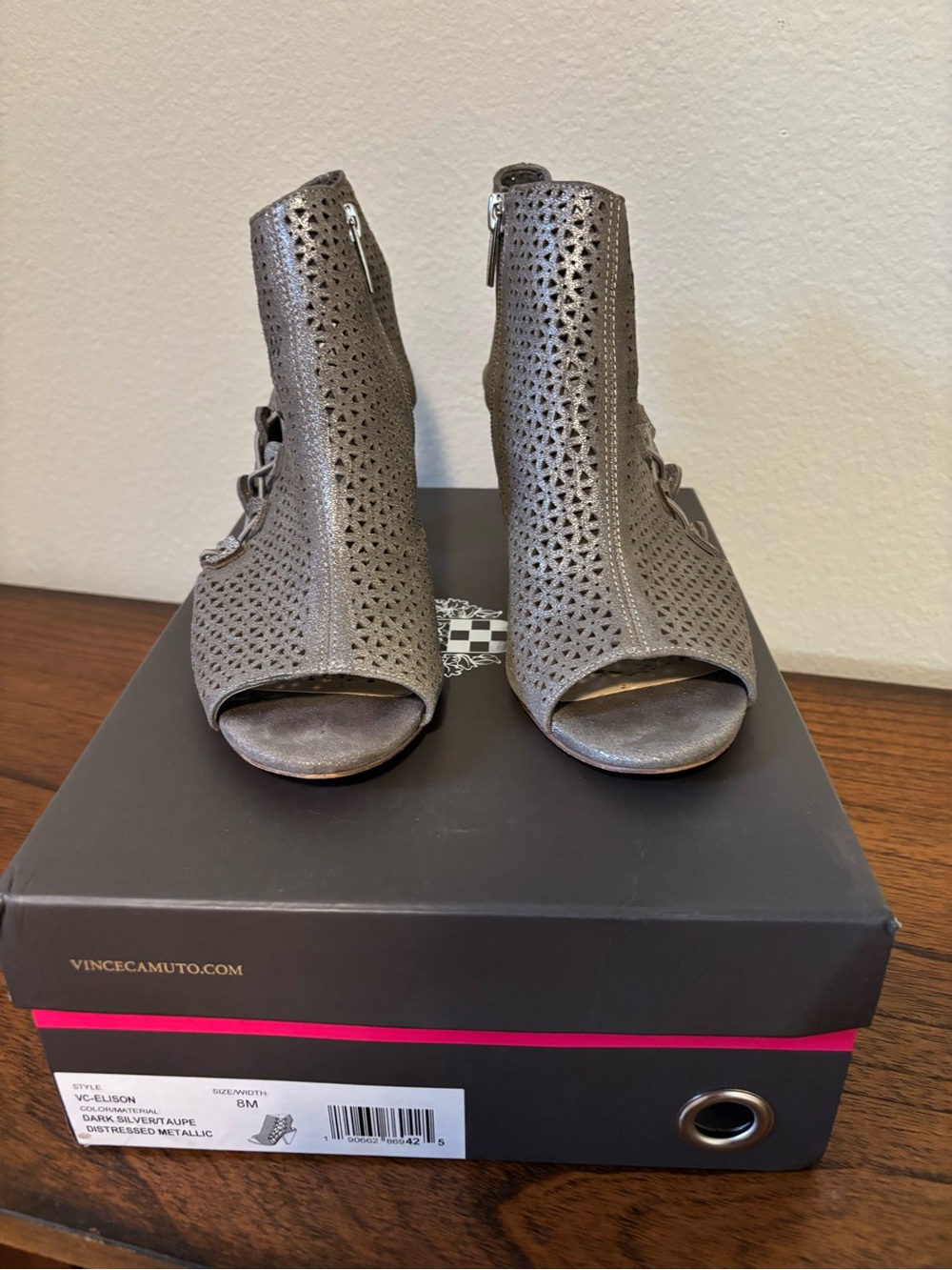 Vince Camuto Metallic Taupe Laser-Cut Peep-Toe Ankle Boots